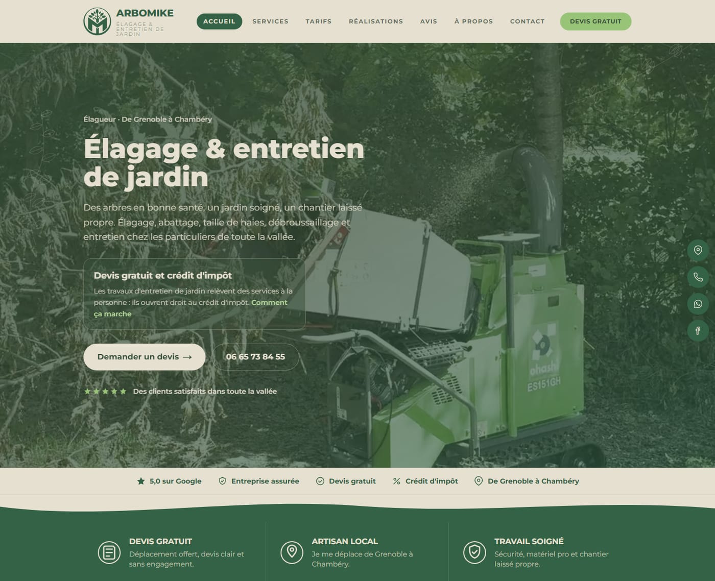 Site vitrine d'Arbomike, élagage et entretien de jardin, conçu par TRC Prod